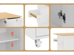 Ilha central de cozinha - com balcão dobrável - 3 gavetas e prateleiras ajustáveis - Branco