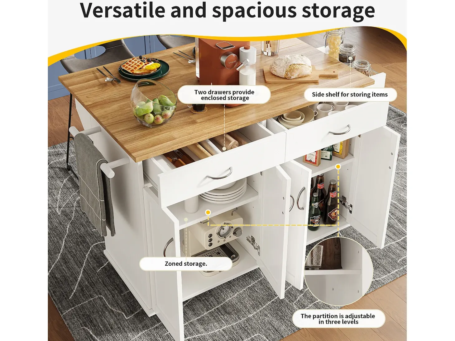 Ilha central de cozinha - carrinho com rodas e plano extensível - 2 gavetas e 4 portas - Branco