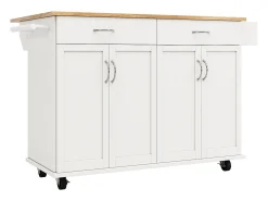 Ilha central de cozinha - carrinho com rodas e plano extensível - 2 gavetas e 4 portas - Branco