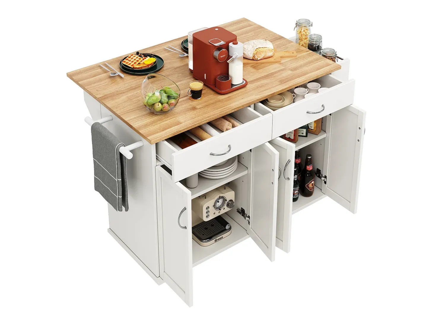Ilha central de cozinha - carrinho com rodas e plano extensível - 2 gavetas e 4 portas - Branco