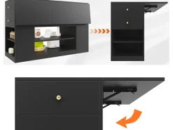 Ilha central de cozinha - Tampos extensíveis - 2 gavetas e 3 portas - Com prateleiras abertas - MDF - preto