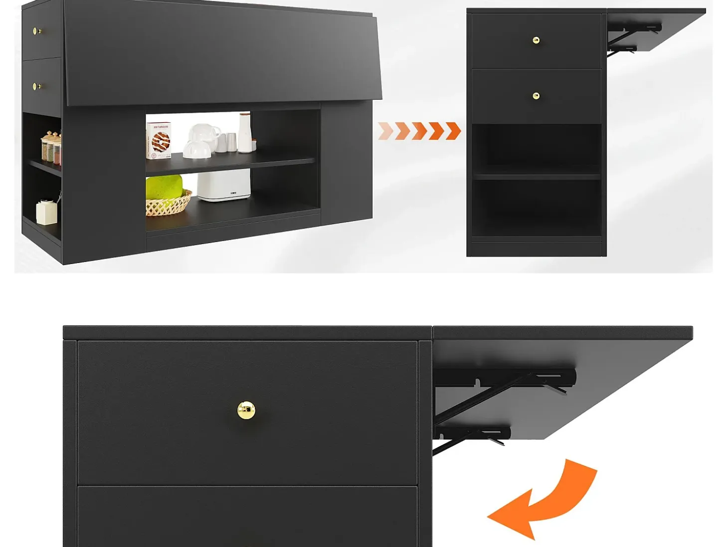 Ilha central de cozinha - Tampos extensíveis - 2 gavetas e 3 portas - Com prateleiras abertas - MDF - preto
