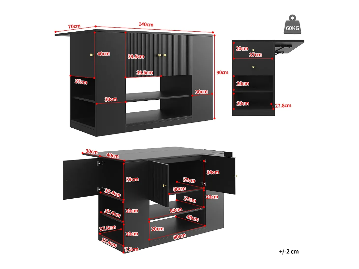 Ilha central de cozinha - Tampos extensíveis - 2 gavetas e 3 portas - Com prateleiras abertas - MDF - preto