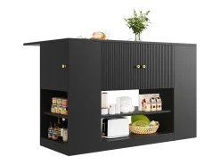 Ilha central de cozinha - Tampos extensíveis - 2 gavetas e 3 portas - Com prateleiras abertas - MDF - preto