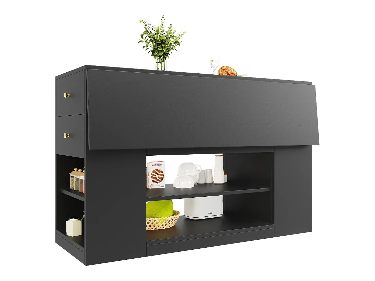 Ilha central de cozinha - Tampos extensíveis - 2 gavetas e 3 portas - Com prateleiras abertas - MDF - preto