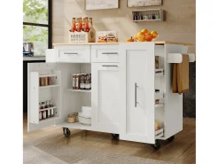 Ilha central de cozinha - carrinho com rodas e plano retrátil - 2 gavetas e 2 portas - Branco