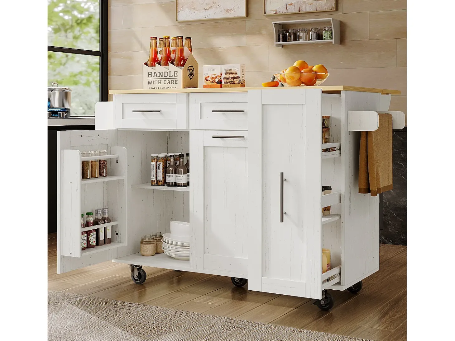 Ilha central de cozinha - carrinho com rodas e plano retrátil - 2 gavetas e 2 portas - Branco