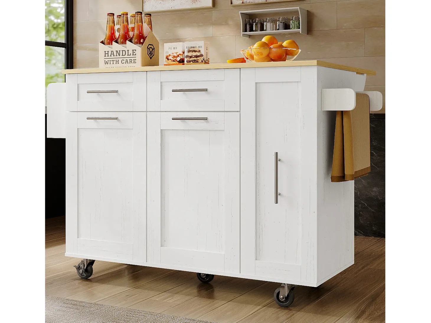 Ilha central de cozinha - carrinho com rodas e plano retrátil - 2 gavetas e 2 portas - Branco