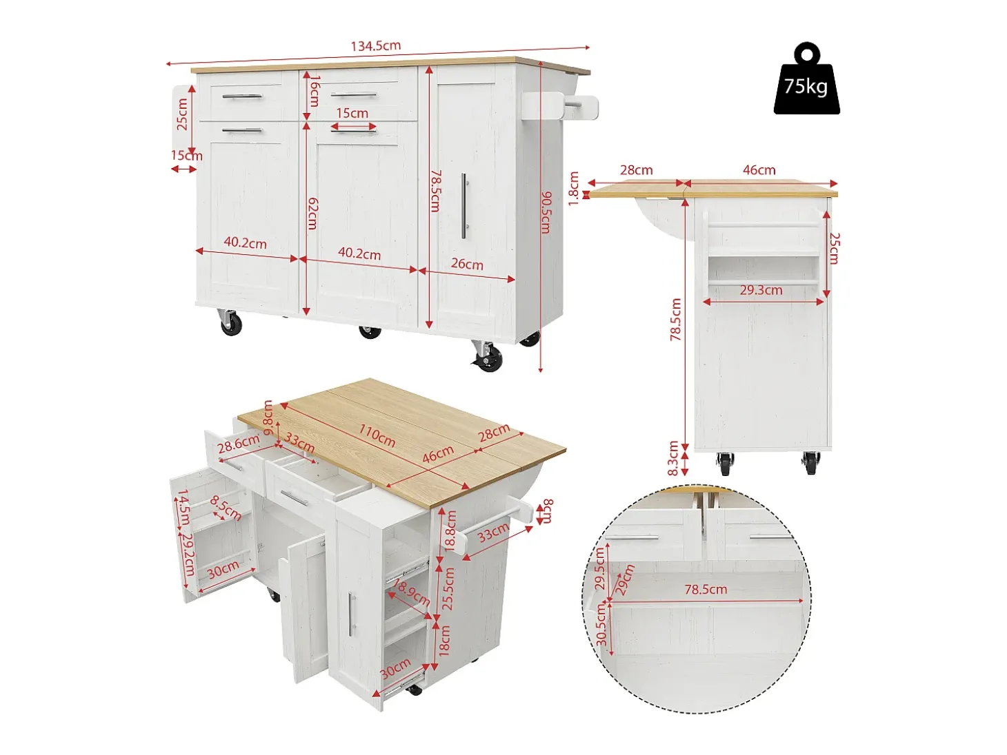 Ilha central de cozinha - carrinho com rodas e plano retrátil - 2 gavetas e 2 portas - Branco