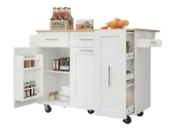 Ilha central de cozinha - carrinho com rodas e plano retrátil - 2 gavetas e 2 portas - Branco