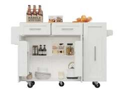 Ilha central de cozinha - carrinho com rodas e plano retrátil - 2 gavetas e 2 portas - Branco