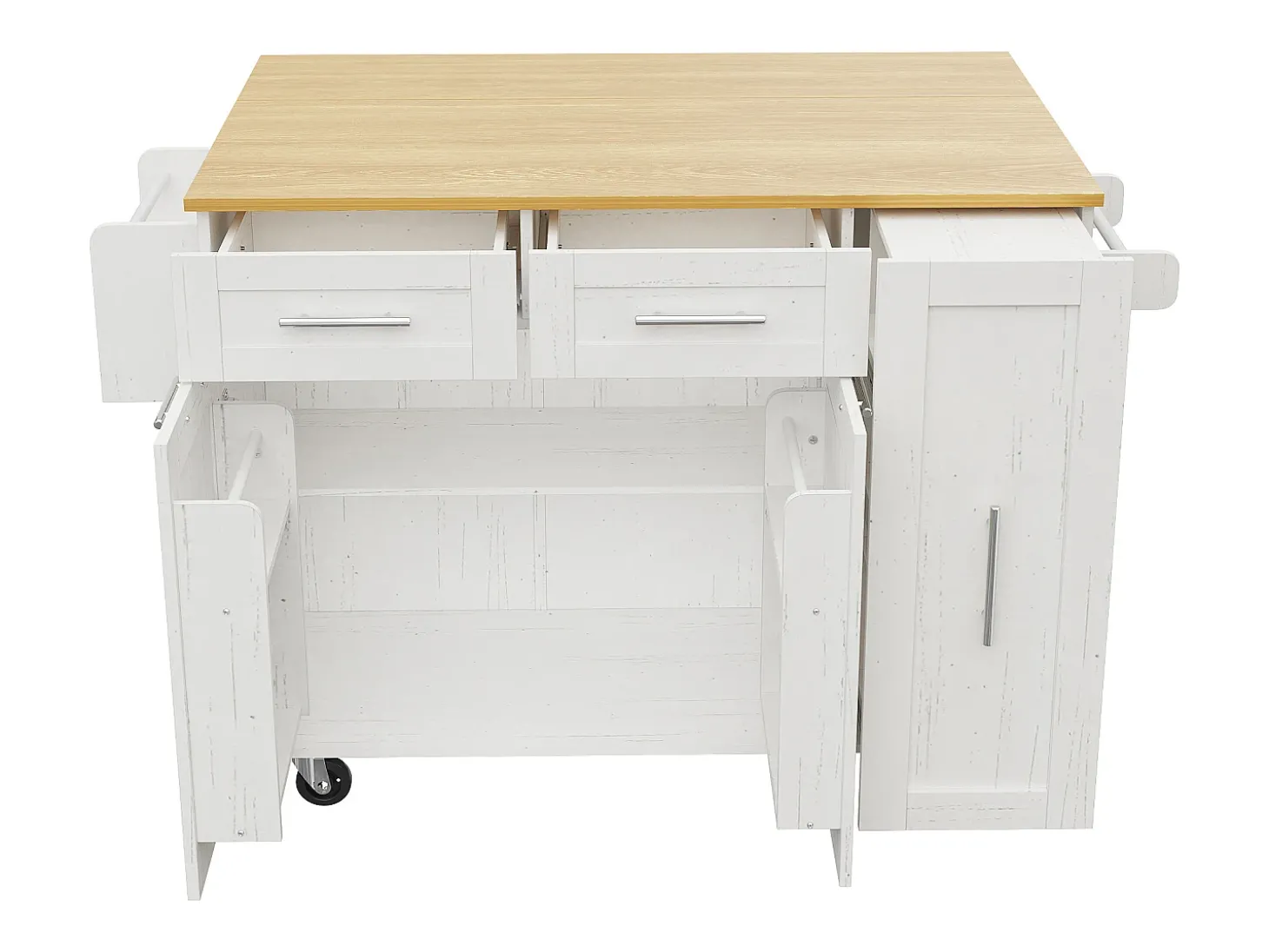 Ilha central de cozinha - carrinho com rodas e plano retrátil - 2 gavetas e 2 portas - Branco