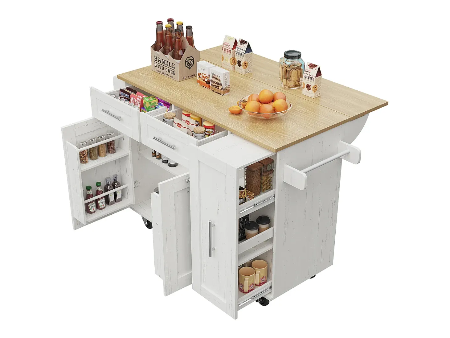 Ilha central de cozinha - carrinho com rodas e plano retrátil - 2 gavetas e 2 portas - Branco