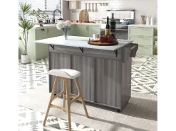 Ilha central de cozinha com 2 gavetas - Tampo extensível - Pés em rodas ou em madeira maciça - Cinza