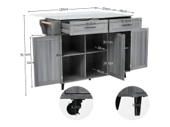 Ilha central de cozinha com 2 gavetas - Tampo extensível - Pés em rodas ou em madeira maciça - Cinza