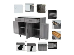Ilha central de cozinha com 2 gavetas - Tampo extensível - Pés em rodas ou em madeira maciça - Cinza