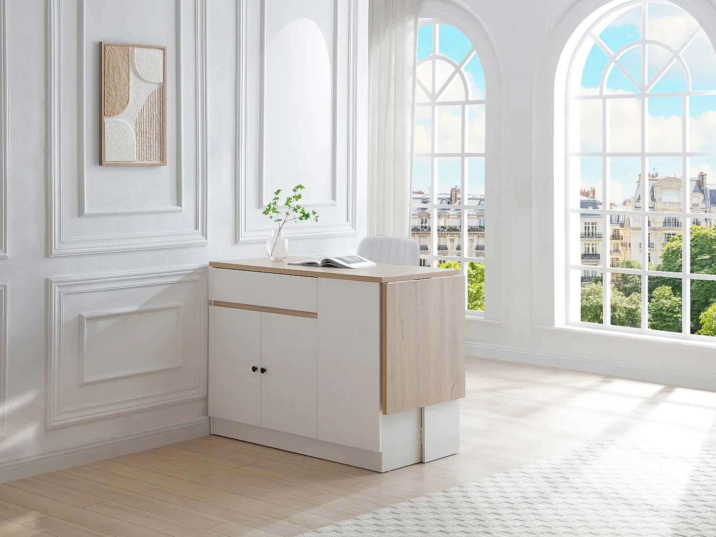 Ilha central de cozinha com espaços de arrumação em MDF branco e natural - HELOMY