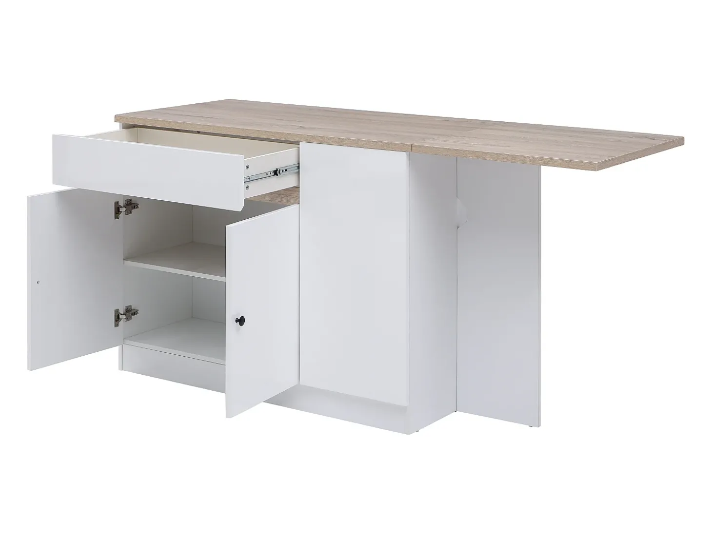 Ilha central de cozinha com espaços de arrumação em MDF branco e natural - HELOMY