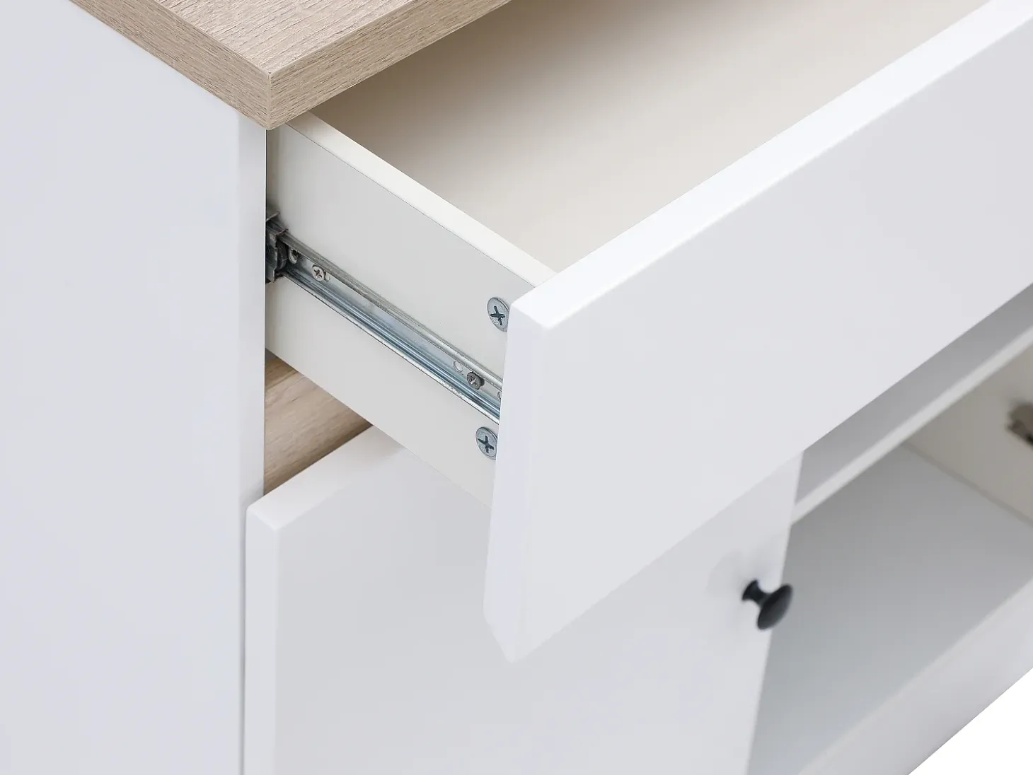 Ilha central de cozinha com espaços de arrumação em MDF branco e natural - HELOMY