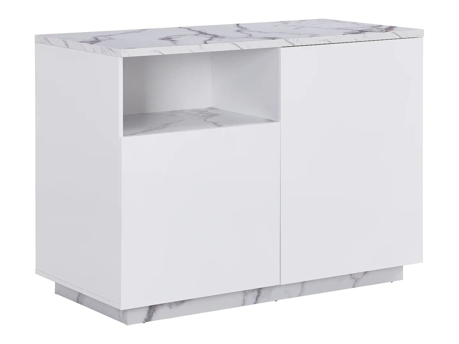 Ilha central de cozinha com 2 portas e 1 nicho em MDF, efeito mármore branco - CORELINA