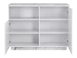 Ilha central de cozinha com 2 portas e 1 nicho em MDF, efeito mármore branco - CORELINA