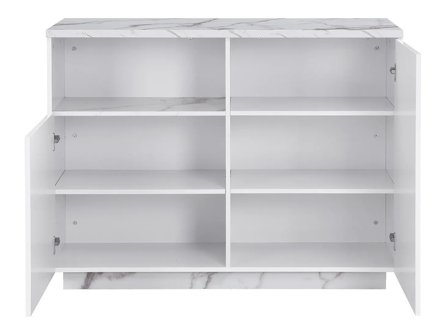 Ilha central de cozinha com 2 portas e 1 nicho em MDF, efeito mármore branco - CORELINA