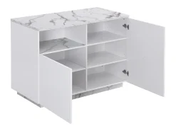 Ilha central de cozinha com 2 portas e 1 nicho em MDF, efeito mármore branco - CORELINA