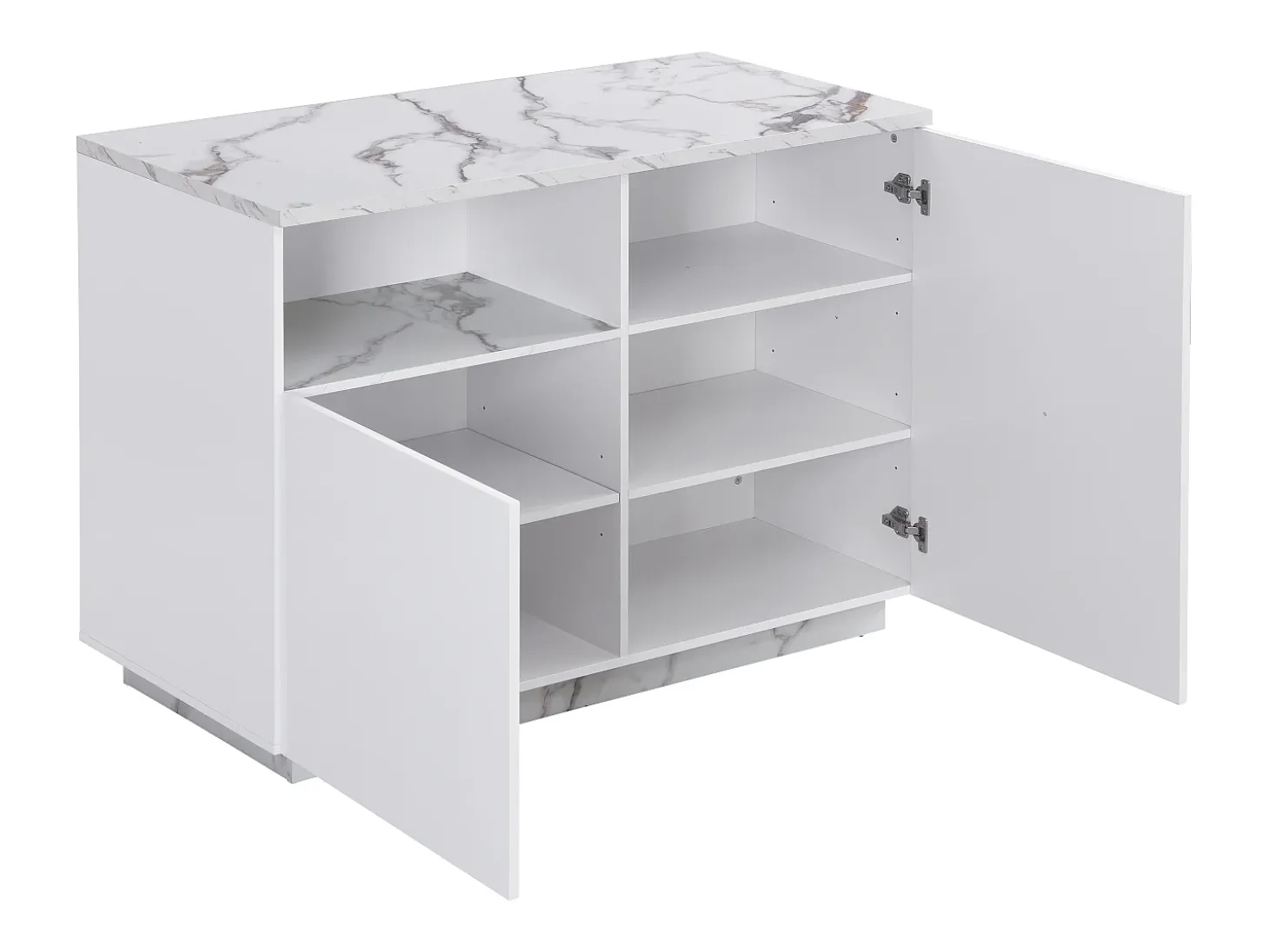 Ilha central de cozinha com 2 portas e 1 nicho em MDF, efeito mármore branco - CORELINA