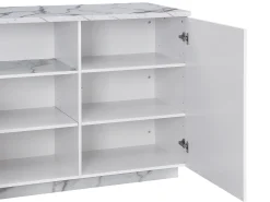 Ilha central de cozinha com 2 portas e 1 nicho em MDF, efeito mármore branco - CORELINA