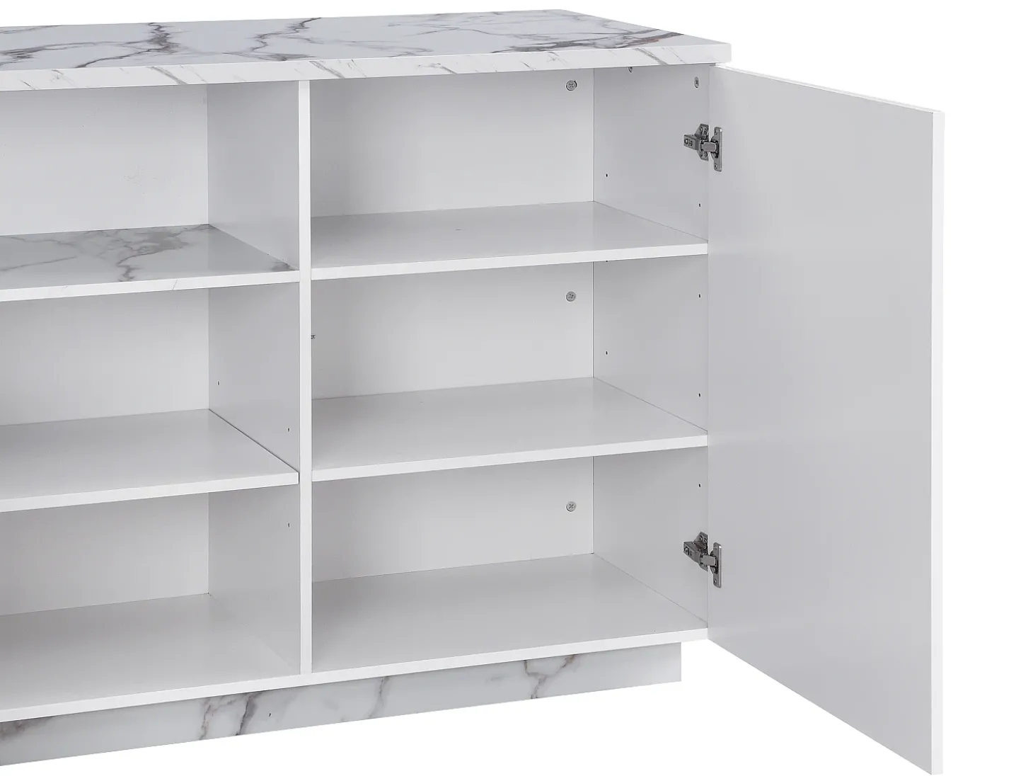 Ilha central de cozinha com 2 portas e 1 nicho em MDF, efeito mármore branco - CORELINA