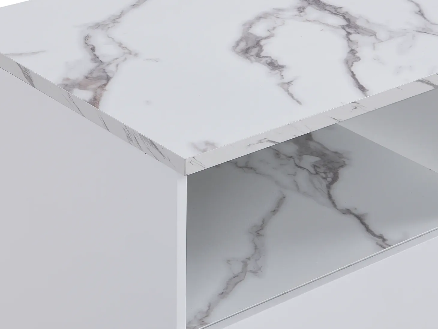 Ilha central de cozinha com 2 portas e 1 nicho em MDF, efeito mármore branco - CORELINA
