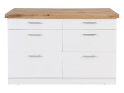 Ilha central de cozinha com 6 gavetas em MDF e metal - Branco e Natural claro - ALEGRITA