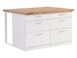 Ilha central de cozinha com 6 gavetas em MDF e metal - Branco e Natural claro - ALEGRITA