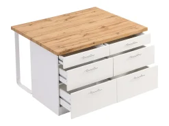 Ilha central de cozinha com 6 gavetas em MDF e metal - Branco e Natural claro - ALEGRITA