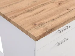 Ilha central de cozinha com 6 gavetas em MDF e metal - Branco e Natural claro - ALEGRITA