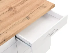 Ilha central de cozinha com 6 gavetas em MDF e metal - Branco e Natural claro - ALEGRITA