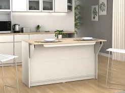 Ilha central de cozinha com 2 portas e 2 nichos - Branco e carvalho - TEKYNA