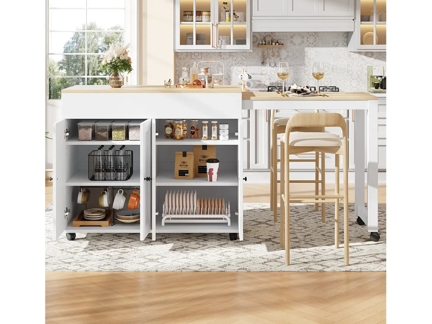 Ilha central de cozinha com 4 portas - Tampo extensível - 118(180)x46x94 cm - Branco + Natural
