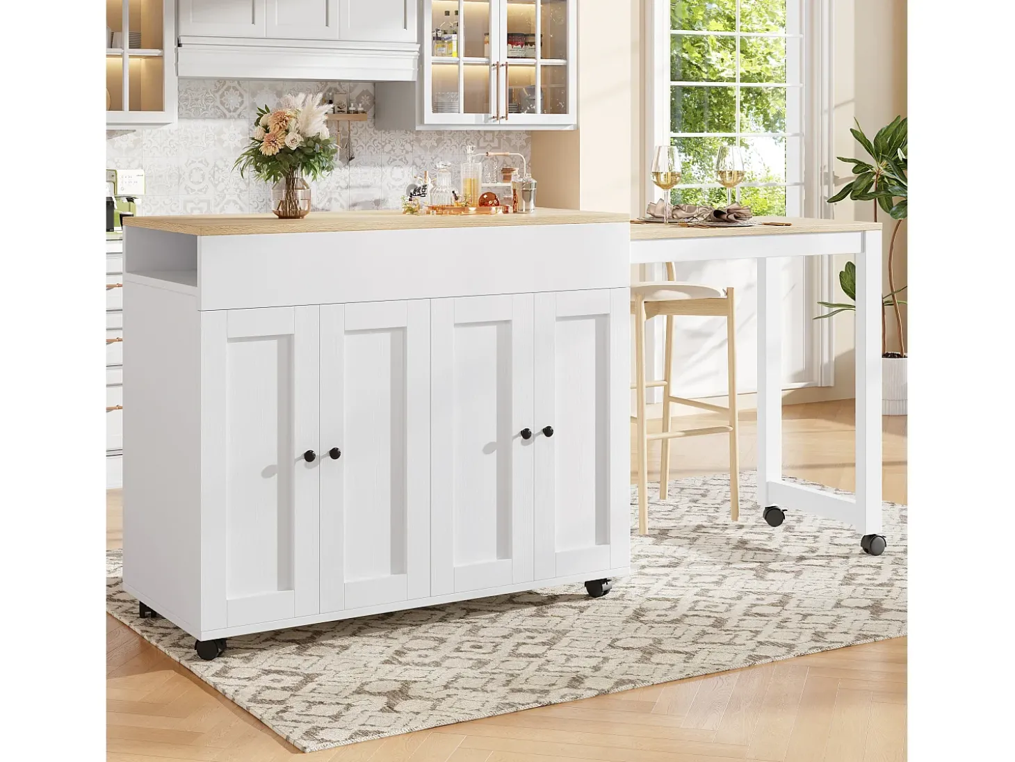 Ilha central de cozinha com 4 portas - Tampo extensível - 118(180)x46x94 cm - Branco + Natural