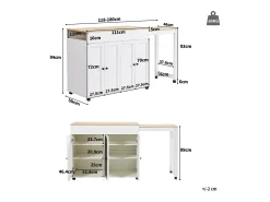 Ilha central de cozinha com 4 portas - Tampo extensível - 118(180)x46x94 cm - Branco + Natural