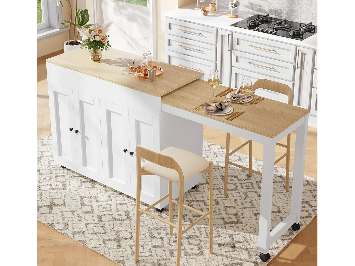 Ilha central de cozinha com 4 portas - Tampo extensível - 118(180)x46x94 cm - Branco + Natural