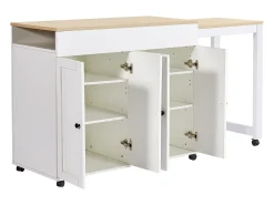 Ilha central de cozinha com 4 portas - Tampo extensível - 118(180)x46x94 cm - Branco + Natural