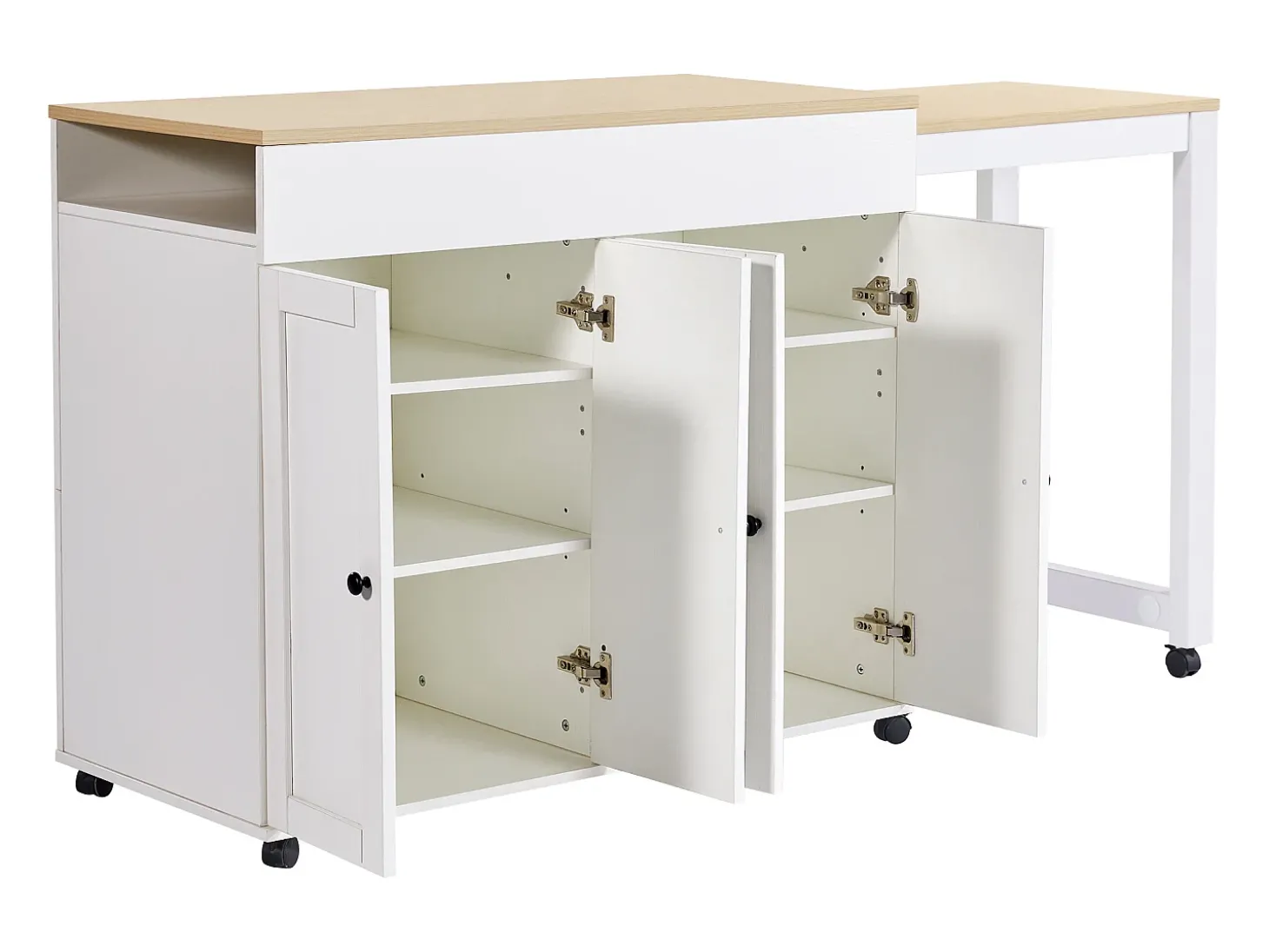 Ilha central de cozinha com 4 portas - Tampo extensível - 118(180)x46x94 cm - Branco + Natural