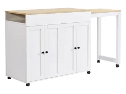 Ilha central de cozinha com 4 portas - Tampo extensível - 118(180)x46x94 cm - Branco + Natural