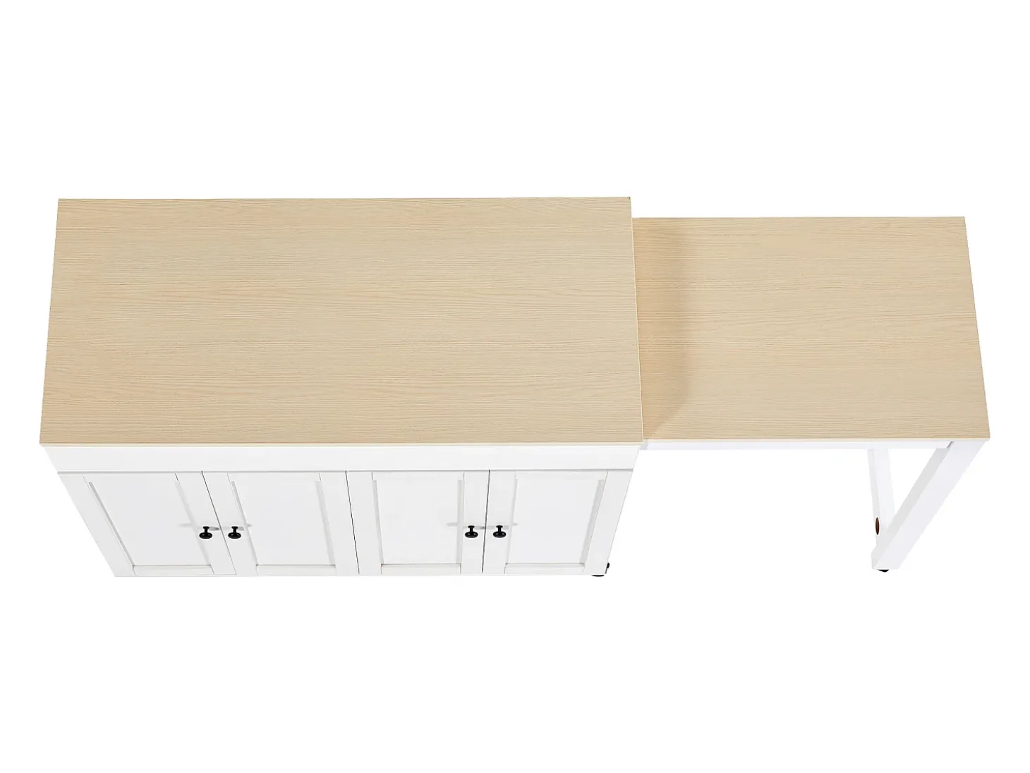Ilha central de cozinha com 4 portas - Tampo extensível - 118(180)x46x94 cm - Branco + Natural