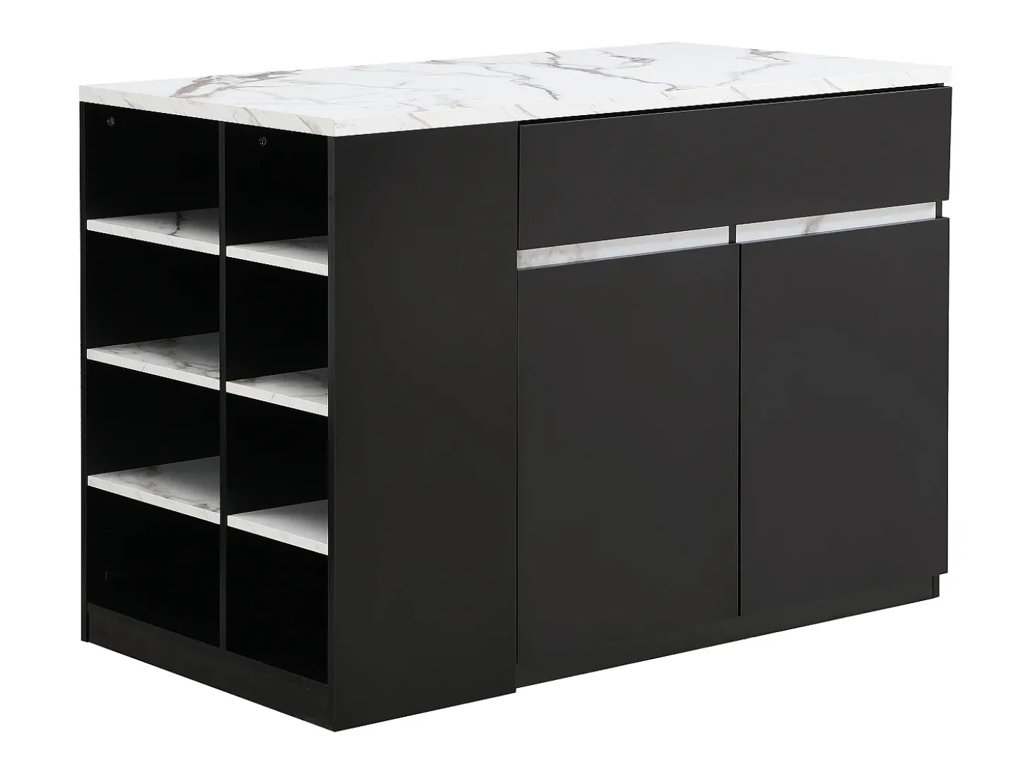 Ilha central de cozinha com arrumação - Efeito mármore branco e preto - MEILI