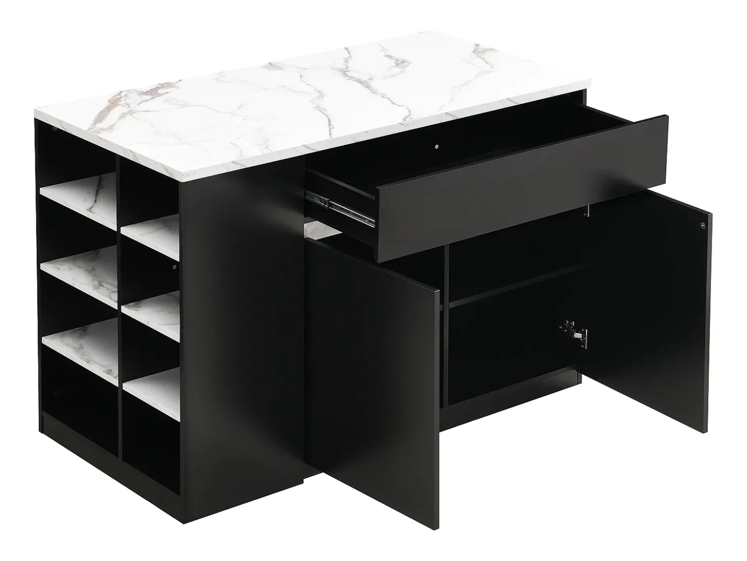 Ilha central de cozinha com arrumação - Efeito mármore branco e preto - MEILI