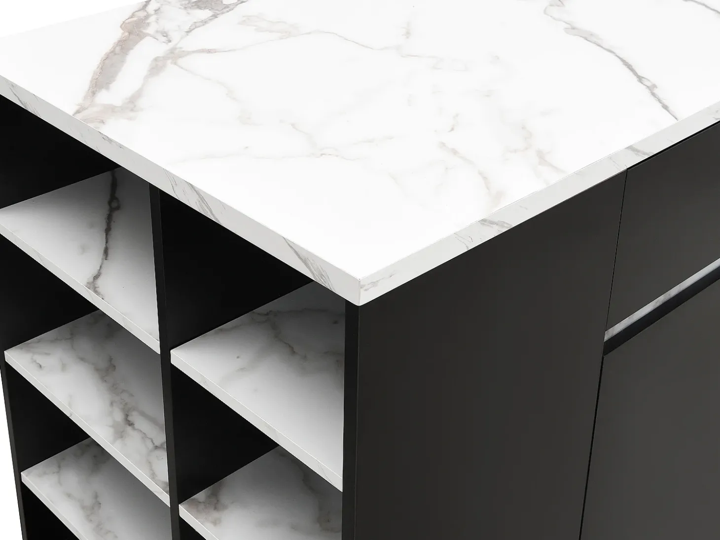 Ilha central de cozinha com arrumação - Efeito mármore branco e preto - MEILI