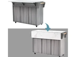 Ilha central de cozinha com 3 gavetas e portas de armazenamento - Tampo extensível - Pés em rodas ou em madeira - Cinza