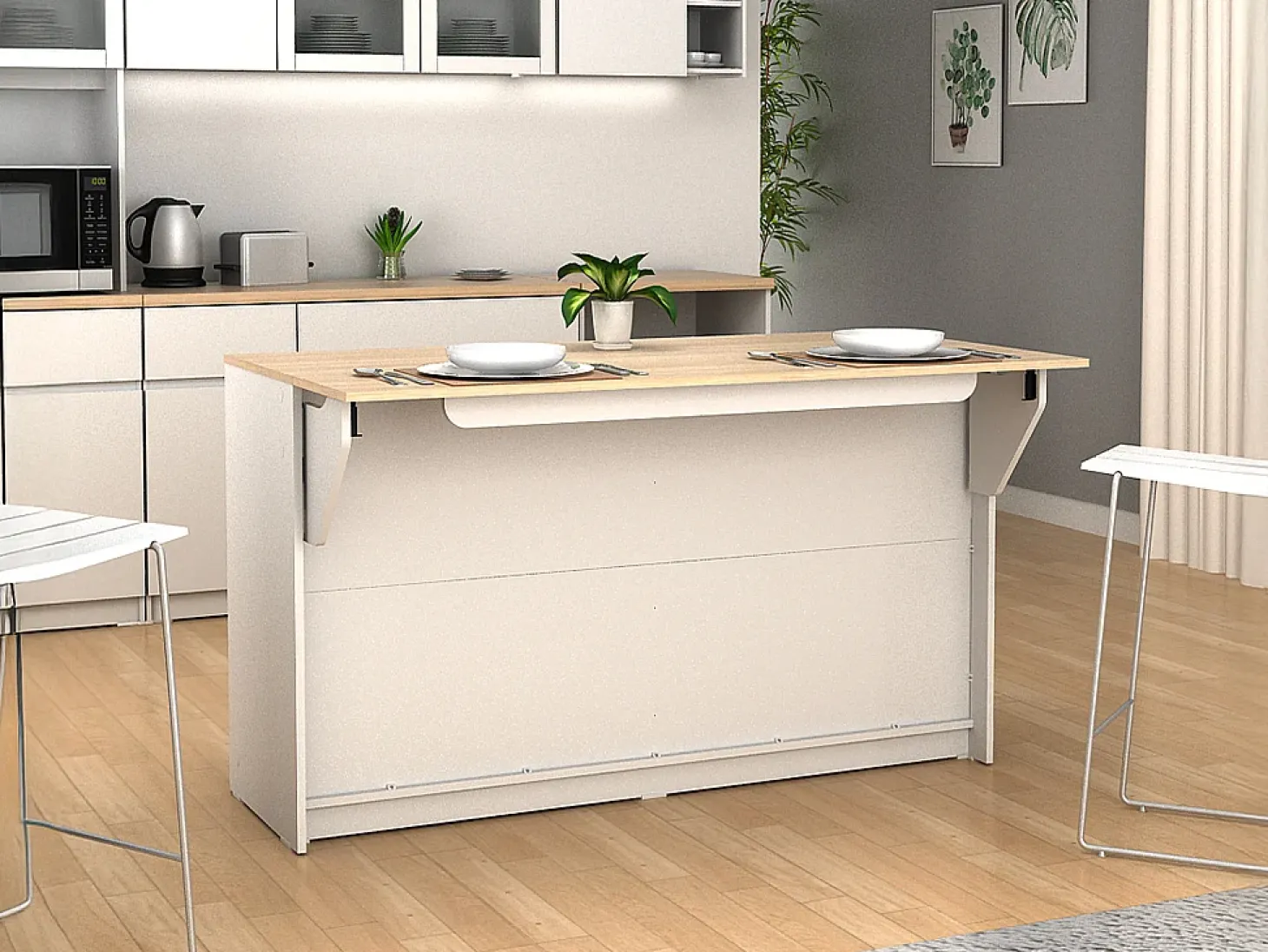 Ilha central de cozinha com 2 portas - Branco e carvalho - BENITA